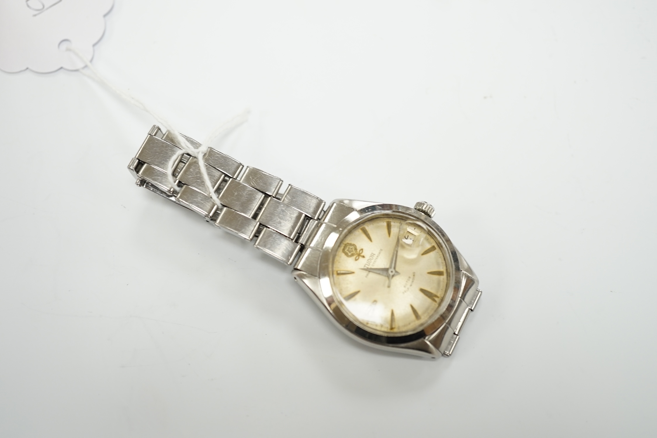 A gentleman's stainless steel Tudor Prince Oysterdate automatic wrist watch, on a stainless steel Rolex bracelet, case diameter 35mm.